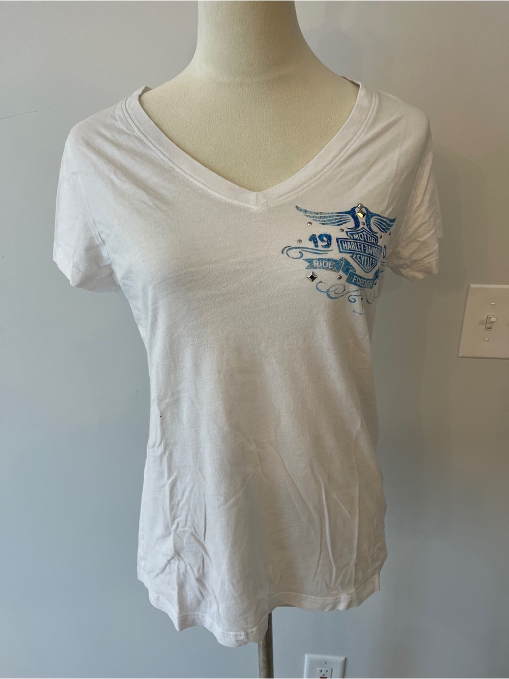 Harley-Davidson White V-Neck Tee with Blue Logo